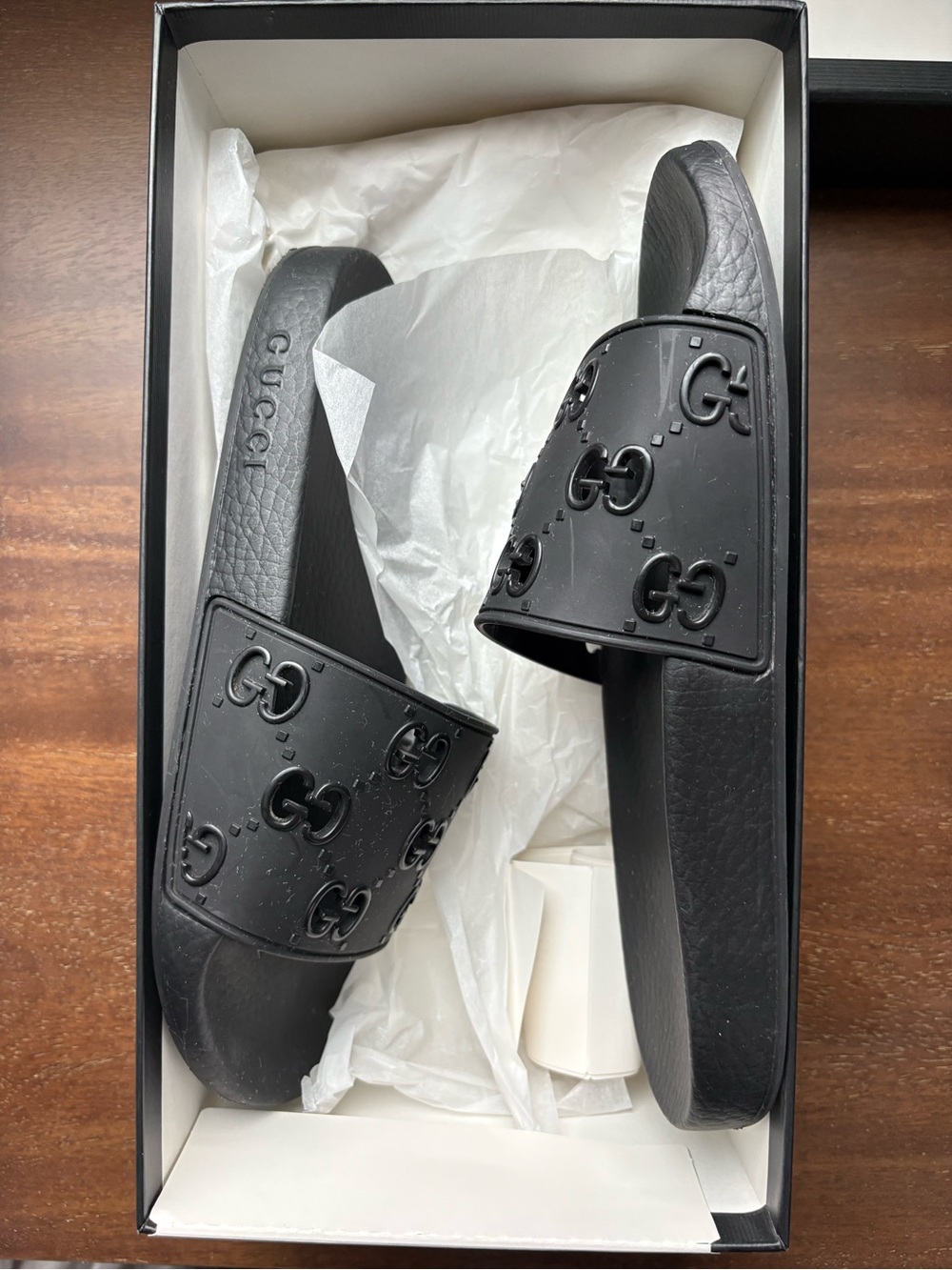 Gucci Women’s Black GG Logo Rubber Slide Sandals